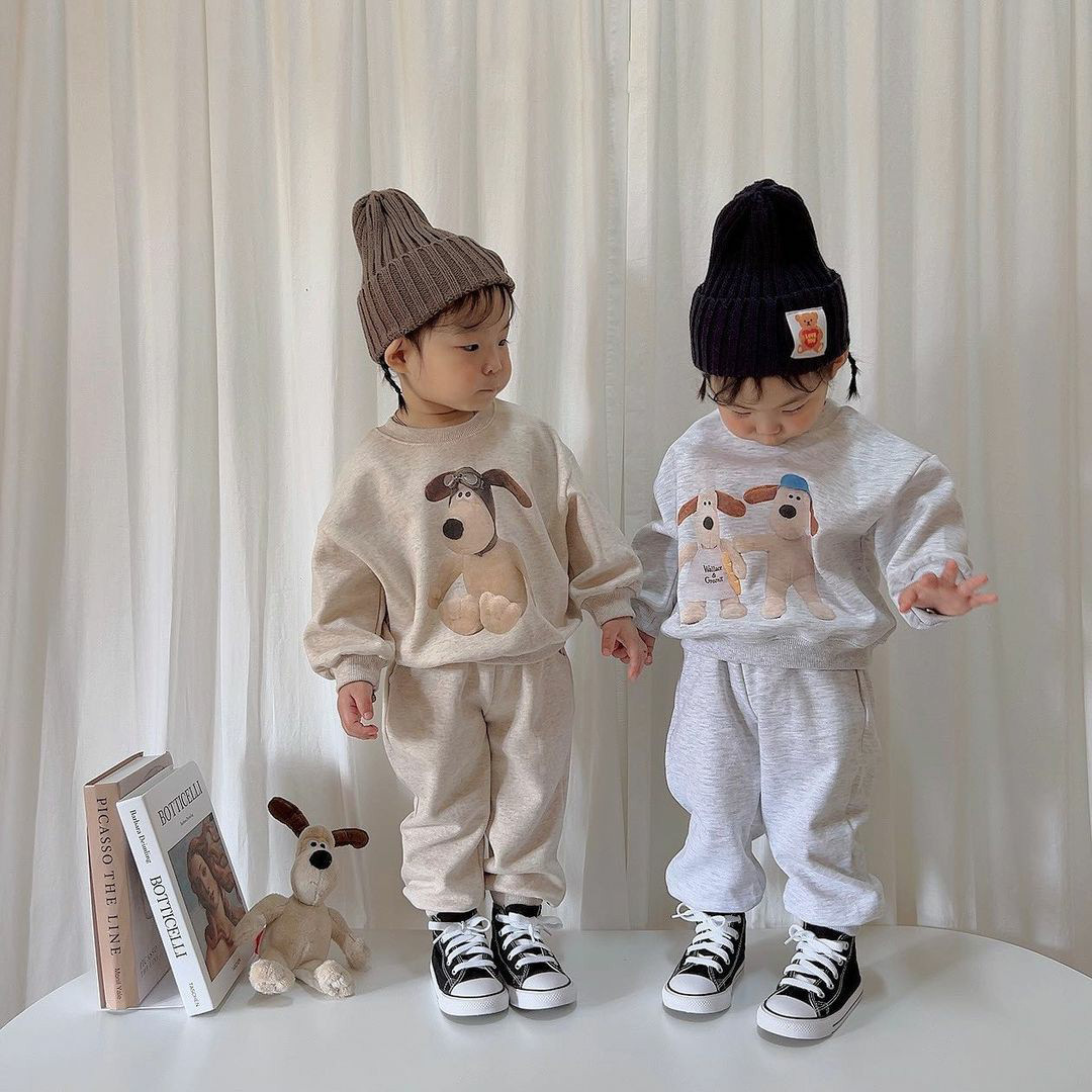 Kinder 2023 Neue Herbst Jungen und Mädchen Koreanische Freizeit Hund Pullover Zwei Stück Baby Set_voghion.com