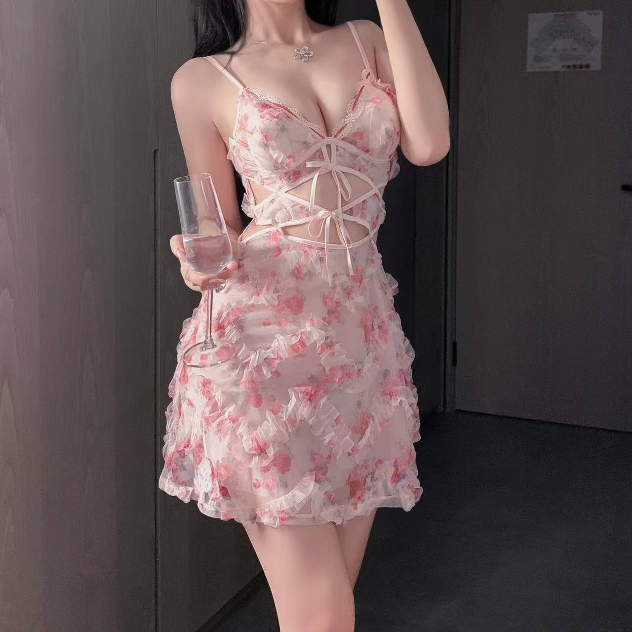 French Lace Suspender Nightgown, Embossed Floral Mesh, Cut-Out Babydoll in Pink — detail image 1