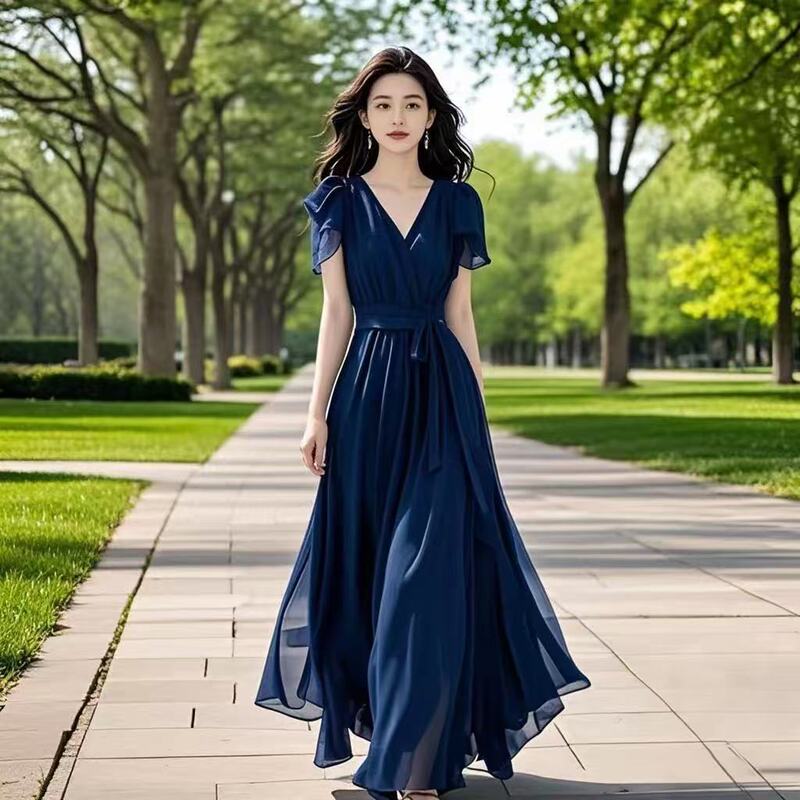 High-End Blue V Neck Chiffon Dress for Women, Summer Style Seaside Vacation Long Dress, Large Hem, Waist-Cinching, Elegant Beach Dress High-End Blue V Neck Chiffon Dress for Women, Summer Style Seaside Vacation Long Dress, Large Hem, Waist-Cinching, Elegant Beach Dress