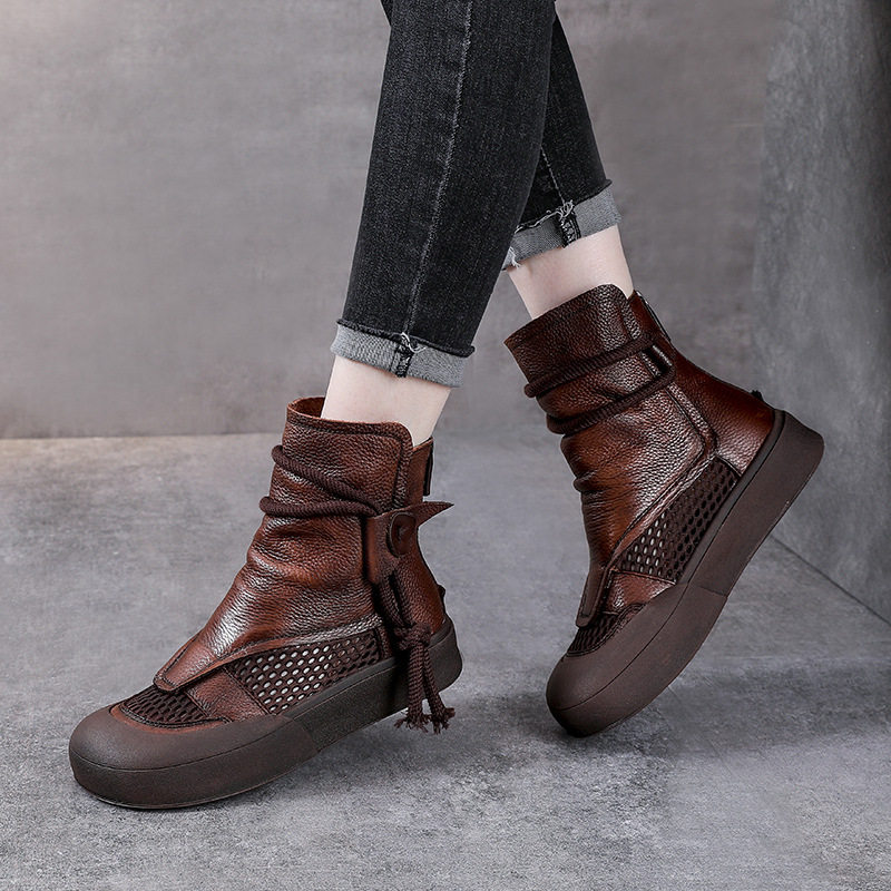 Boot Martin lưới mùa hè da bò thật cổ cao ôm bắp chân — Màu nâu