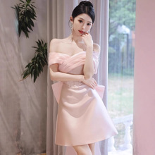 粉色甜美仙气一字肩晚礼服短款小个子生日聚会订婚礼服裙气质轻奢