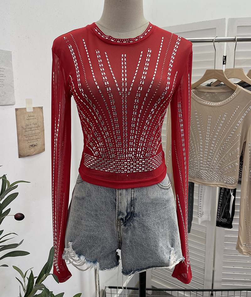 Diamond Embedded Thin Sheer Mesh Long Sleeve T shirt Slim Short Backless Top Women 5 Diamond Embedded Thin Sheer Mesh Long Sleeve T shirt Slim Short Backless Top Women
