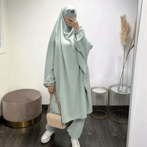 Middle Eastern Dubai Abaya Large Swing Solid Color Loose Set Comfort Sporty Women's Head Cover with Pants P103