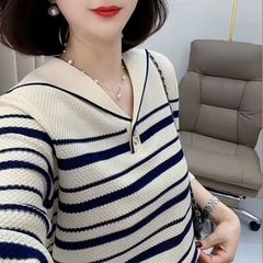 薄款冰丝海军领条纹短袖针织衫女夏季慵懒风宽松显瘦洋气镂空上衣