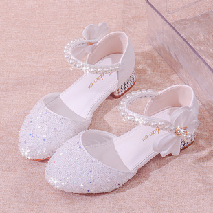 Girls Crystal Princess Shoes Fashion Shiny Party Performance Shoes Velcro Rhinestone Children's Pearl Dance High Heels