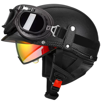 Motosiklet kaskı (dəbilqə) – car helmet Japanese scoop helmet - black-leather-aurora-red-mirror-black-frame-mirror-m