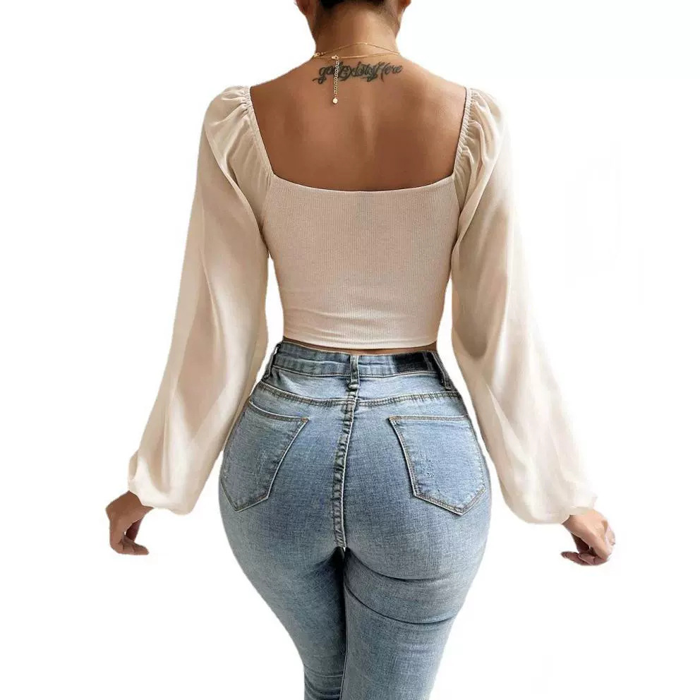 New Style Pit Stripe Chiffon Drawstring Lantern Sleeve Tight Fashion Women's Tops Shirt_senzul.com