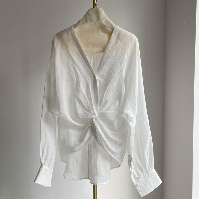 Original Product Recommended! It Brings a Sense of Relaxation~ Vacation-Style Niche V-Neck Twisted Irregular Design Ramie Shirt Top