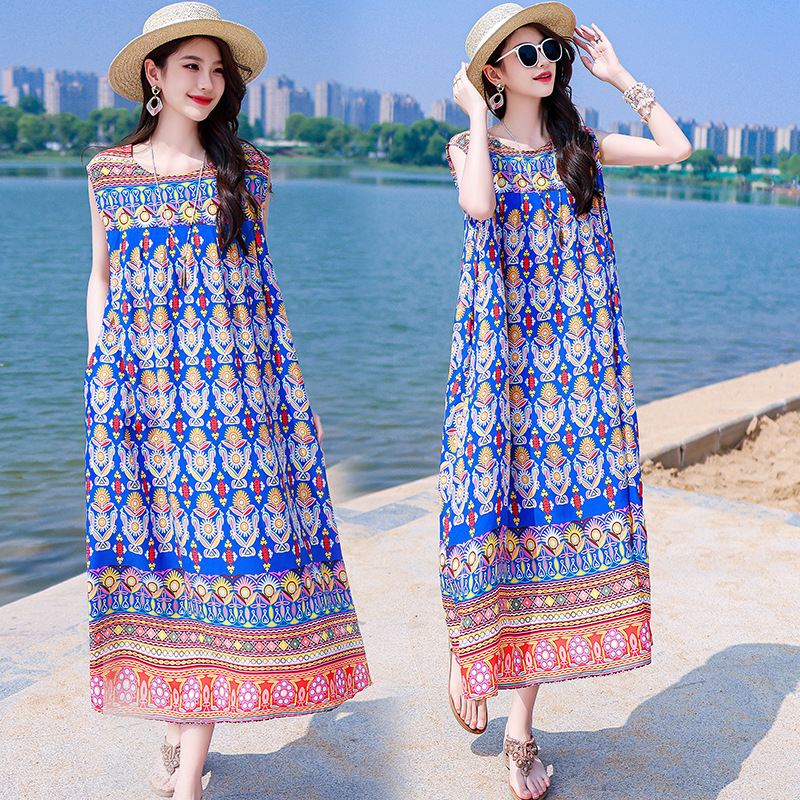 Foreign Trade Cotton Silk Dress, Bohemian Style, Plus Size Beach Dress, Ethnic Style, Loose V-Neck, Over-The-Knee Long Dress