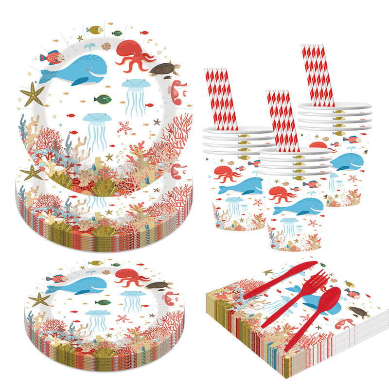 Cross-Border Hot Selling Marine Theme Children's Birthday Party Supplies Disposable Paper Plates, Paper Towels, Cups and Tableware Sets Wholesale