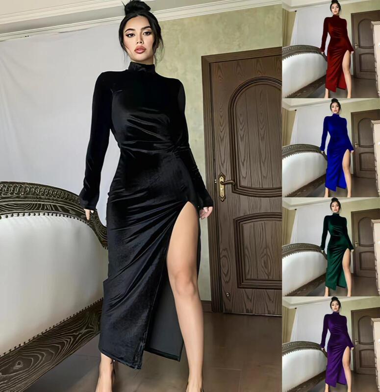 European and American Style Women's Clothing Amazon 2026 Autumn and Winter High-Neck Long Velvet Dress Slim Fit Pleated Slit Dress