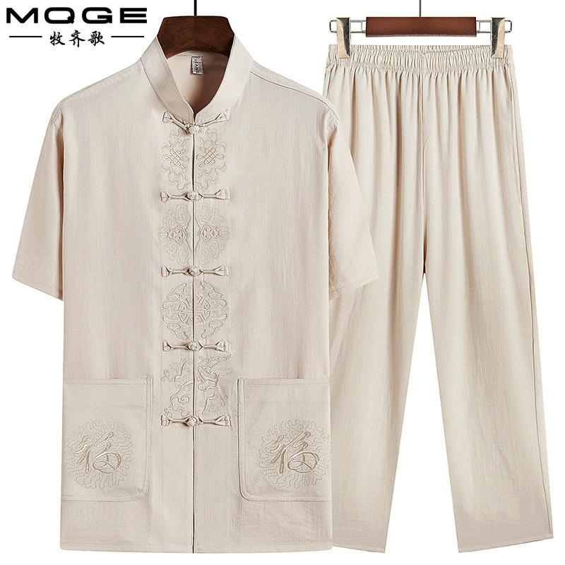 Весенний и летний китайский стиль вышитый воротник Чжуншань костюм мужской среднего и пожилого отца костюм ретро-прилив набор из двух частей