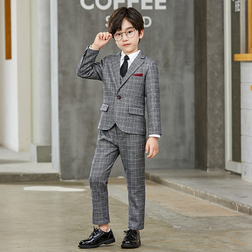 Children's autumn clothing suit new boy's small suit performance boy's gray plaid plus velvet thickened suit one piece on behalf of