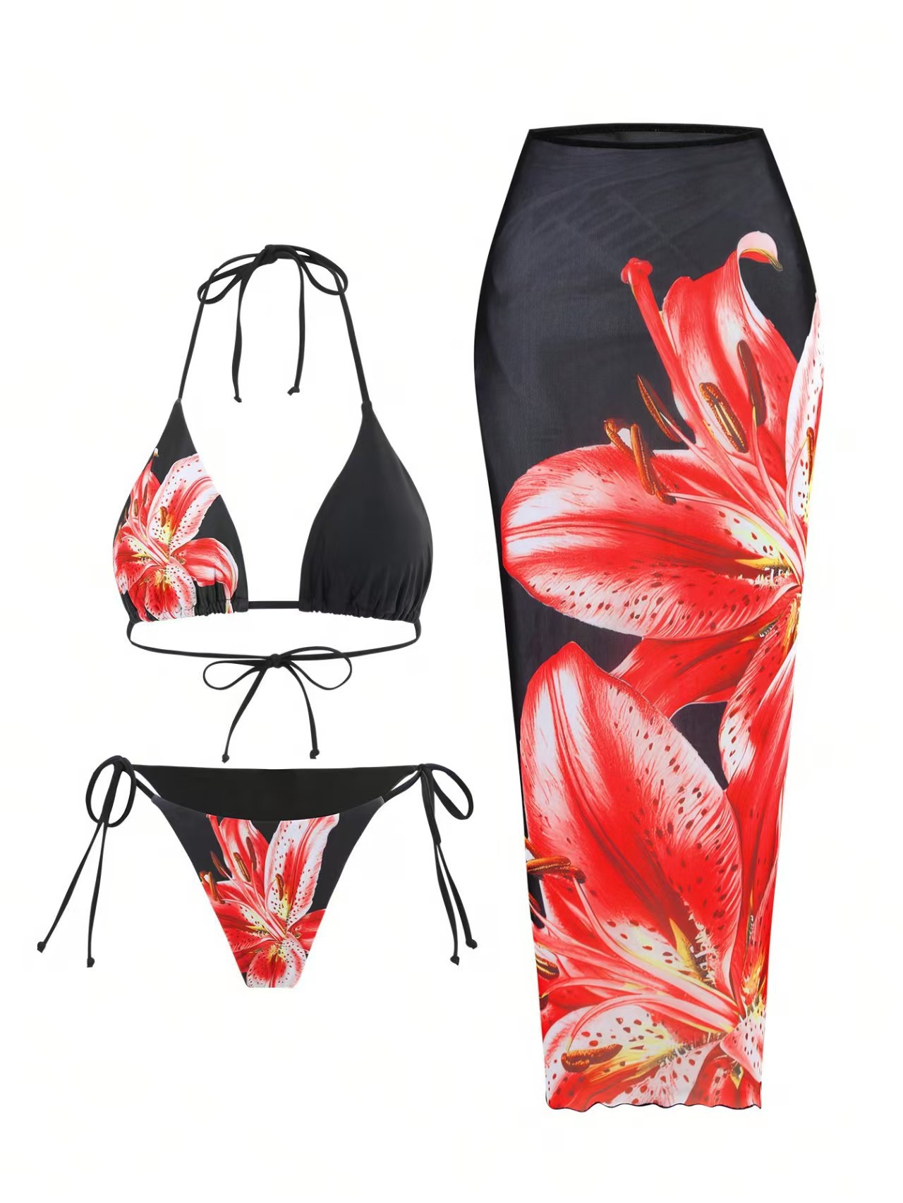 Women's Lily Print Three Piece Bikini Set With Wrap Skirt_voghion.com