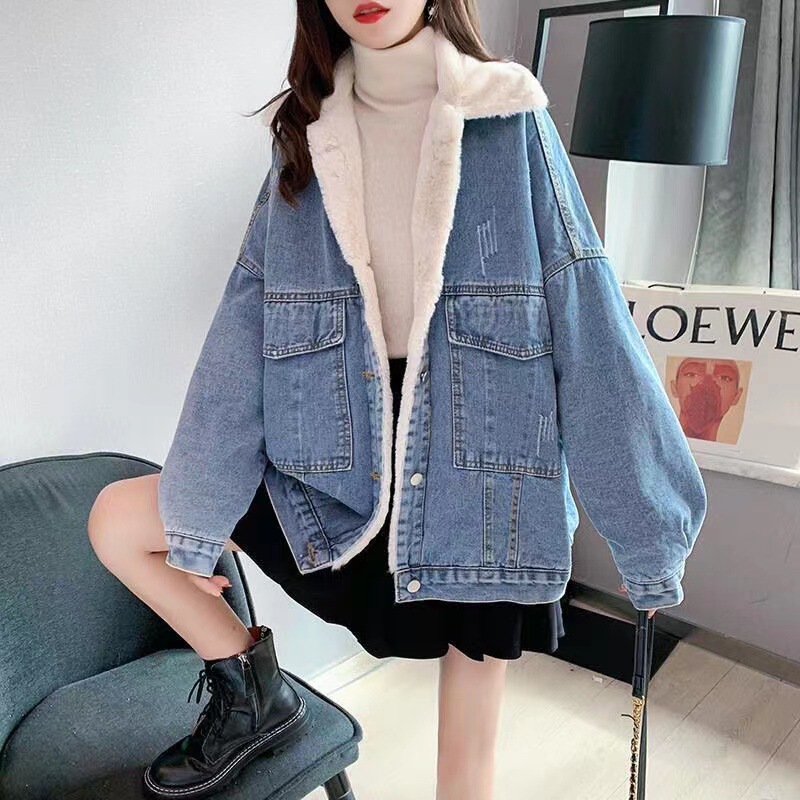 2026 Autumn and Winter New Korean Style Loose Fleece-Lined Thickened Denim Jacket for Women, Fashionable Versatile Lamb Wool Cotton Coat for Women