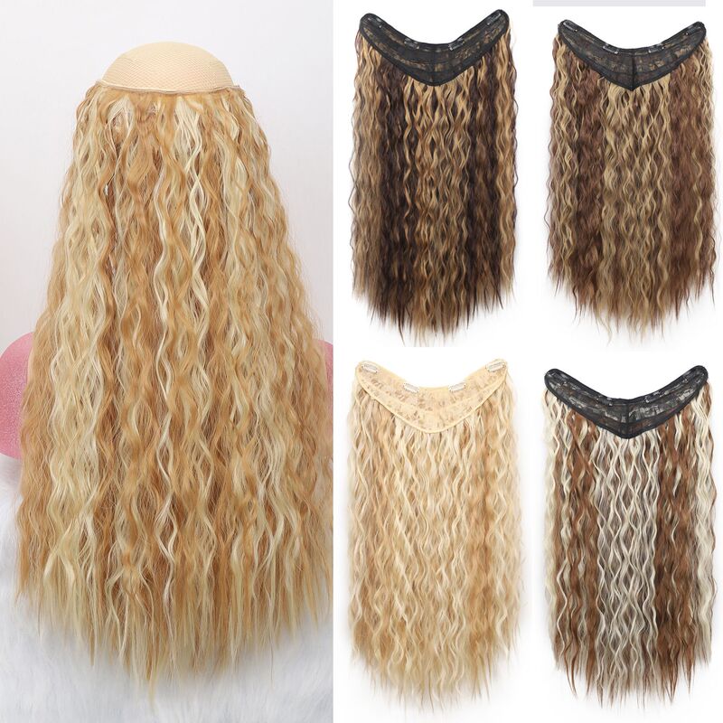 Foreign trade women's V-shaped curly hair piece half head cover women's wig piece U-shaped wool roll one-piece chemical fiber hair patch
