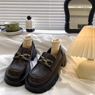 2025 Spring New Versatile French Round Toe Chunky Heel Thick-Soled British Style Black Retro Loafers Women's Leather Shoes
