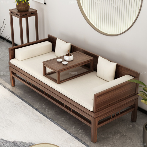 Solid Wood Luohan Bed, Old Elm Wood, New Chinese-Style Luohan Tatami Sofa Chair-Bed, Sliding Design Tea Table and Chair Set for Small Apartments
