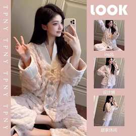 少女新中式提花珊瑚绒睡衣女冬季2023新款法兰绒家居服大码套装冬