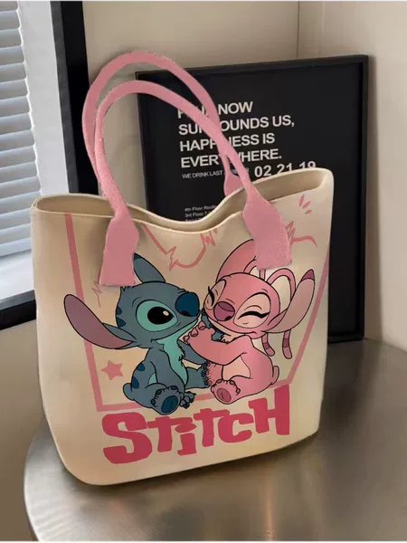 Cross-Border Stitch Cartoon Cute Canvas Bag 2025 Large Capacity Shoulder Tote Bag Student Shopping Bag Handbag