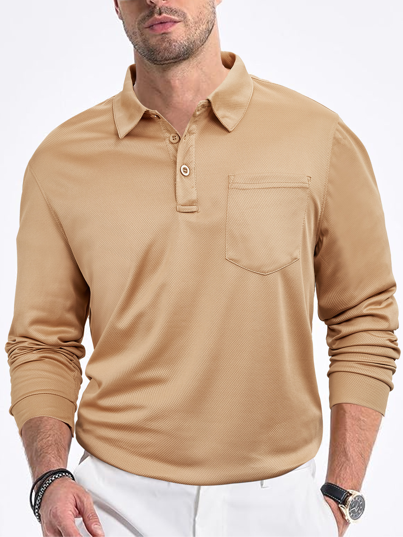 Transfronterizo Europa y América ropa de hombre casual botones sueltos collar de tela de malla de manga larga de color sólido camisa polo de hombre