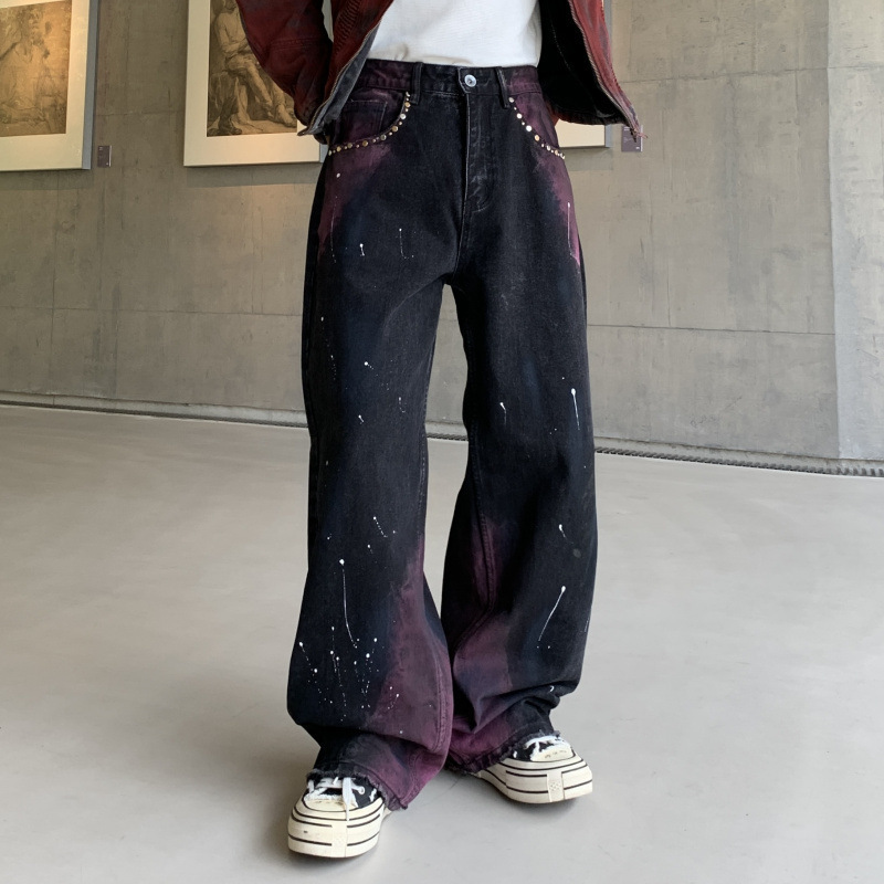 New Trendy Brand Loose Straight Aurora Purple Washed Jeans for Men