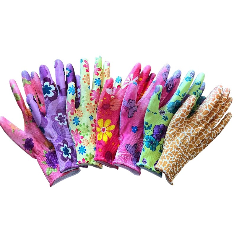 Floral PU guantes finos de nylon recubierto de Palma transpirable colgando pegamento de inmersión antideslizante guantes de mujer protección laboral trabajo resistente al desgaste