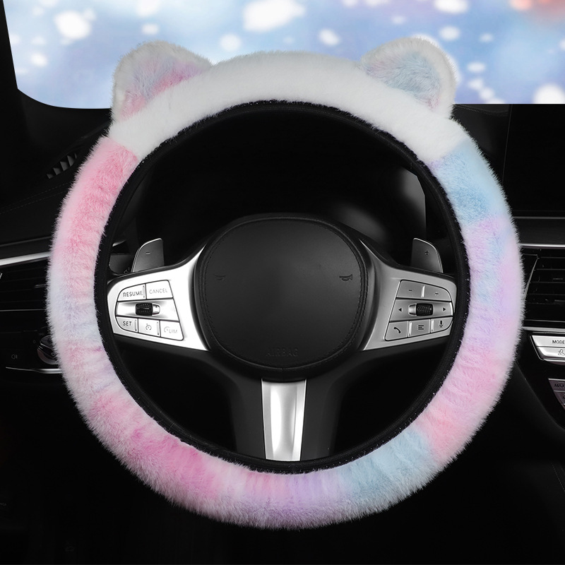 跨境爆款汽车方向盘把套毛绒耳朵网红女神冬季保暖车用