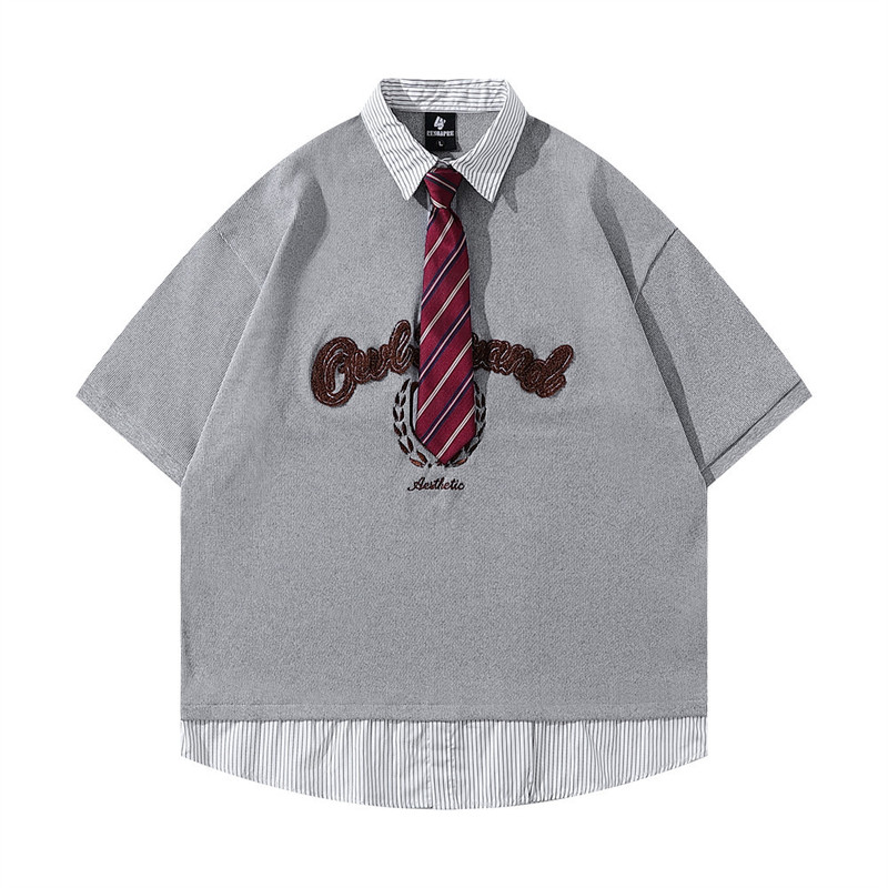 College Style Polo Shirt Fake Two-Piece Short-Sleeved Top Men's Loose Letter Embroider Detachable Tie Casual Lapel