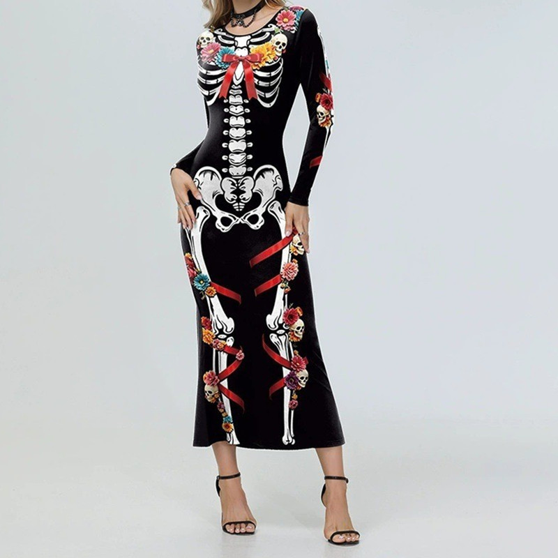Mexican Day of the Dead Skeleton Flower Bow Print Long Sleeve Mermaid Dress