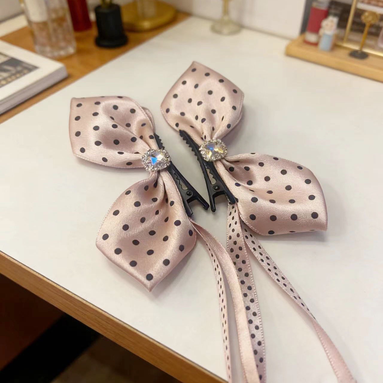 Dulce ballet punto de tormenta diamante arco clip para el cabello de mujer detrás de la cabeza alta cola de caballo banano tocado de cabello primavera image 3