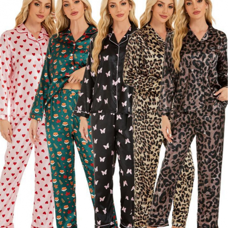 European and American Style Home Wear Set, Women's Pajamas, Foreign Trade Supply, Satin Cardigan, Long-Sleeved, Autumn Casual Fashion