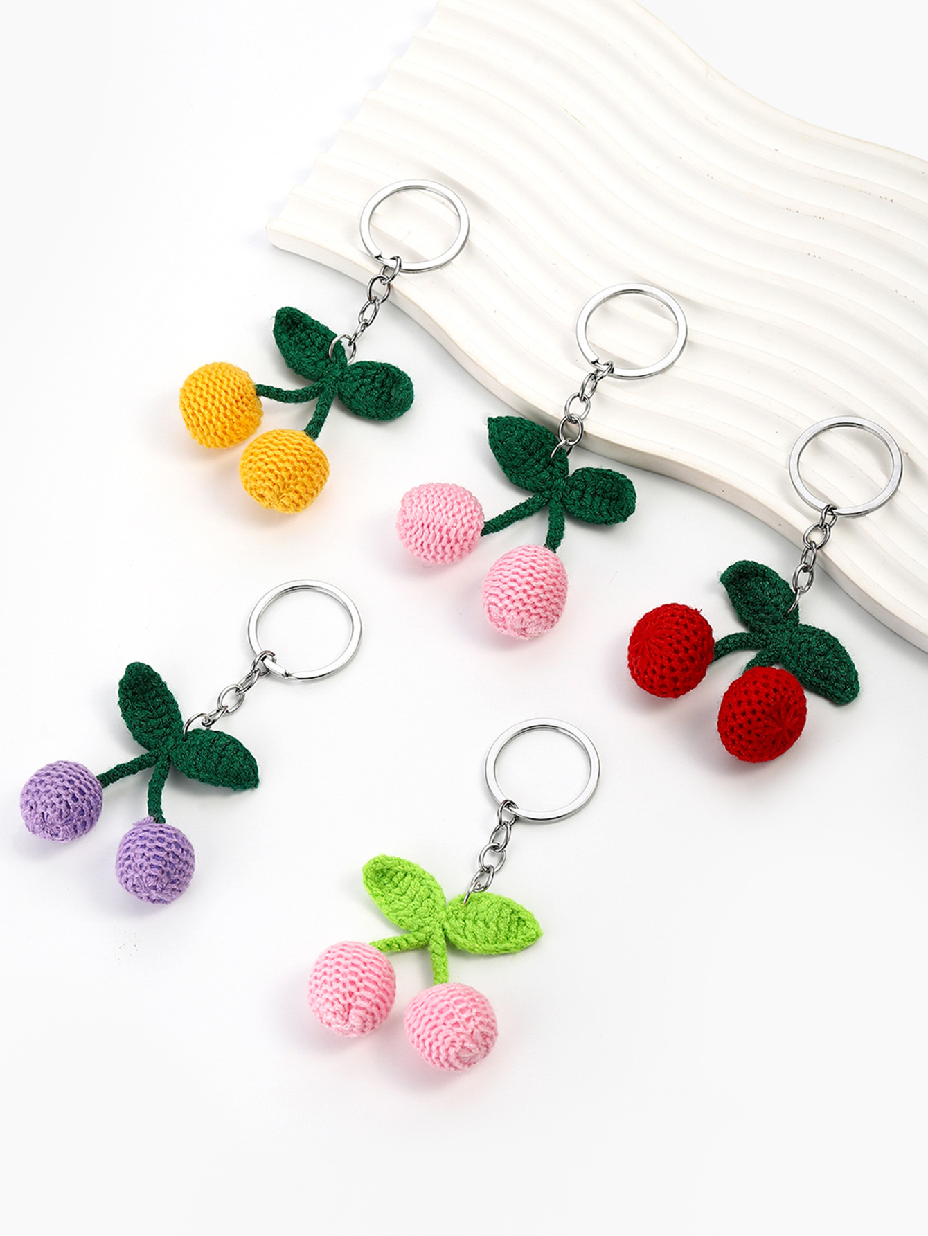 10g Weight Handmade Inlay Material Keychain Classification 1 Piece Quantity Casual, Daily Occasion yarn Material Peach, Cherry, Car Pattern Unisex Gender Cute Style 1 Piece Peach Cherry Car Keychain Yarn Handmade Unisex Cute Keychain 1