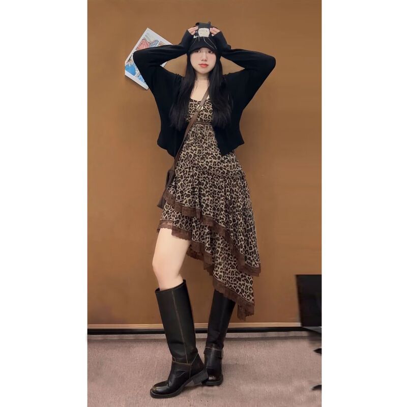 Plus Size American Retro Hottie Leopard Print Lace Suspender Ruffle Dress Long-Sleeved Cardigan Two-Piece Suit