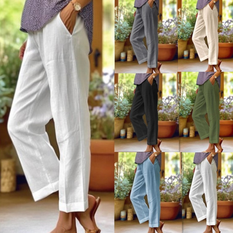 2023 Foreign Trade Cross-border Amazon wish New Cotton and Linen Women's Loose Simple Fashion Straight Casual Pants Women's Wear