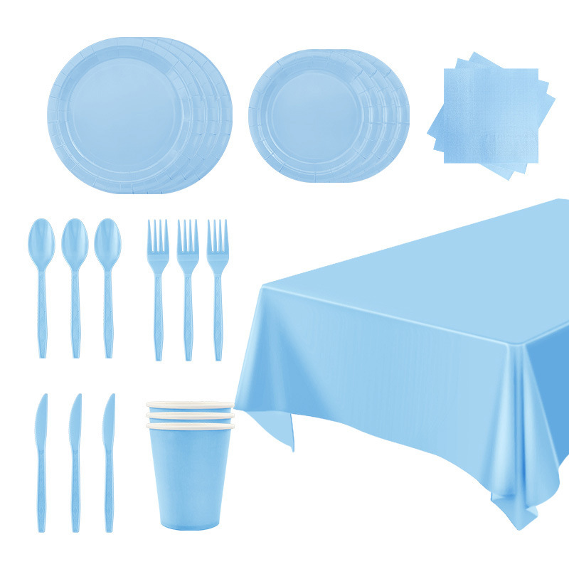 New in stock solid color series tableware suit light blue paper plate paper cup tissue tablecloth disposable party supplies