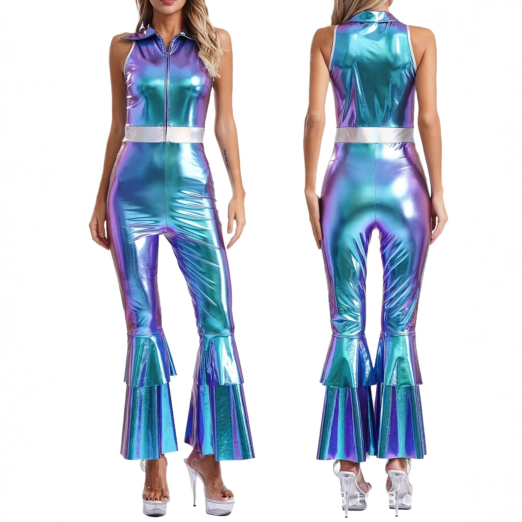 Women's Faux Leather Belt Contrast Color Stitching Jumpsuit, Disco Style Stretch Clubwear