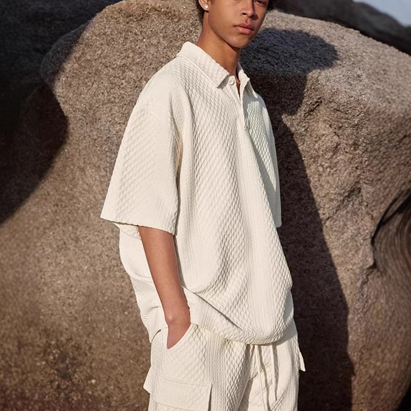 Texturizado polo con solapa de manga corta, hombre de verano, camiseta deportiva casual, chaqueta grande, tendencia suelta