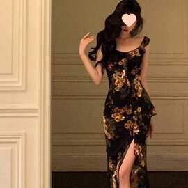 夏季复古修身法式开叉腰包女装气质优雅长裙荷叶碎花吊带连衣裙