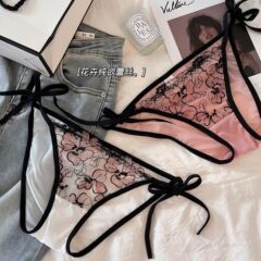 法式性感蕾絲純欲多巴胺低腰透氣女士內褲女網紗鏤空細帶三角褲