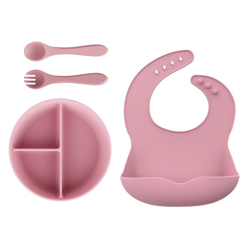 Alimentos de silicona set de cubiertos para niños cucharas blandas tenedor ventosa cuenco divisor de platos de comedor bib puede personalizar caja de regalo