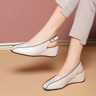Closed toe sandals for women 2023 Summer new wedge women's shoes square toe back empty strap temperament mom single-layer shoes for women