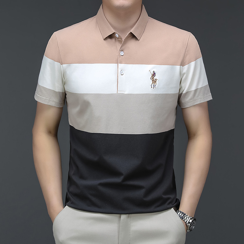 Exclusivo transfronterizo para verano nuevo estilo de algodón bordado de manga corta camiseta de hombre a rayas casual solapa de gran tamaño camisa POLO para hombre