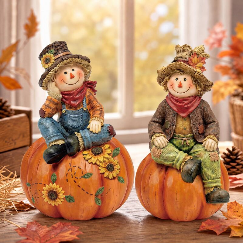 2 Pieces of Autumn Straw Man Figurines, Wooden Thanksgiving Table Decorations, Straw Man Figurines with Pumpkins, Autumn