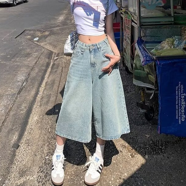 아메리칸 스타일 레트로 청바지 여성 여름 새로운 높은 허리 육체 덮음 느슨한 자른 넓은 다리 중간 바지 작은 남성