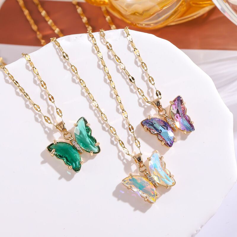 Titanium Steel Cross-Border Foreign Trade Micro-Paved Zircon Gradient Colorful Butterfly Necklace Rhinestone Clavicle Chain Necklace Video Wholesale Titanium Steel Cross-Border Foreign Trade Micro-Paved Zircon Gradient Colorful Butterfly Necklace Rhinestone Clavicle Chain Necklace Video Wholesale