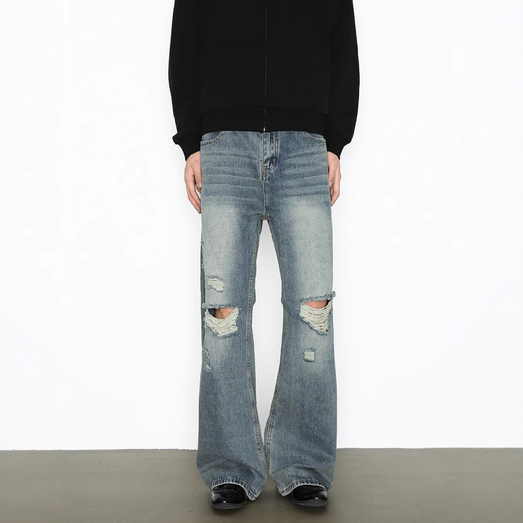 Men's High-Street Vintage Washed Denim Jeans – Distressed Straight To Bootcut Fit_voghion.com