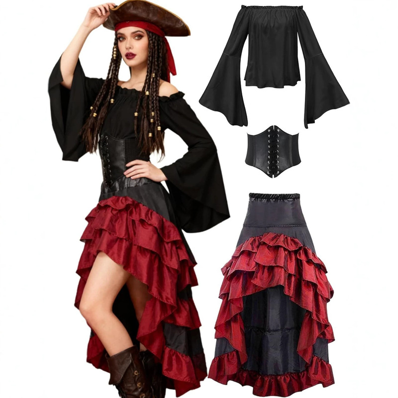 Foreign Trade Style Halloween Artistic Short-Front-Long-Back Ruffled Long Dress. Medieval Costume Pirate-Style Waist-Shaping Dress Foreign Trade Style Halloween Artistic Short-Front-Long-Back Ruffled Long Dress. Medieval Costume Pirate-Style Waist-Shaping Dress