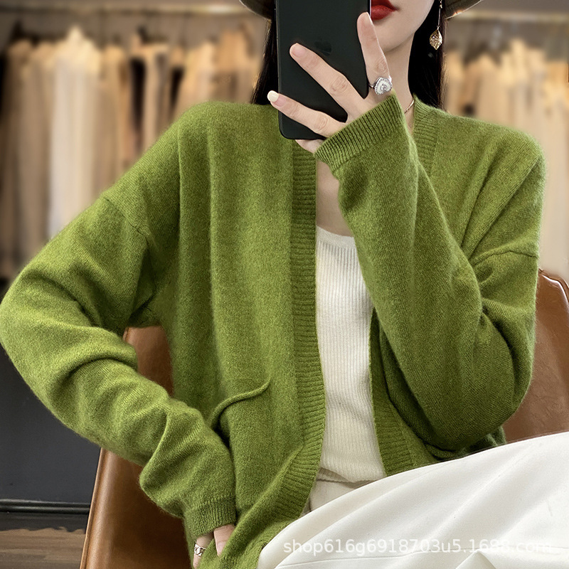 Spring and Autumn New Women's Outer Sweater Solid Color Pocket Small Coat Loose Large Size Lazy Knitted Cardigan Outer Wear