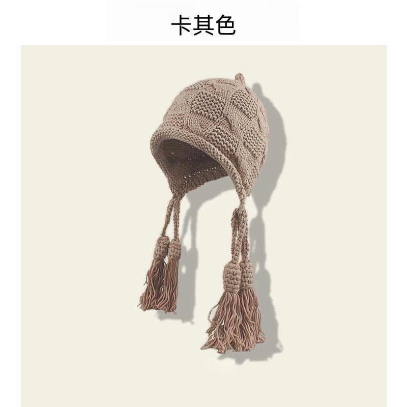 2025新款时尚贴布流苏红色毛线帽子女士秋冬季保暖手工辫子针织帽|undefined